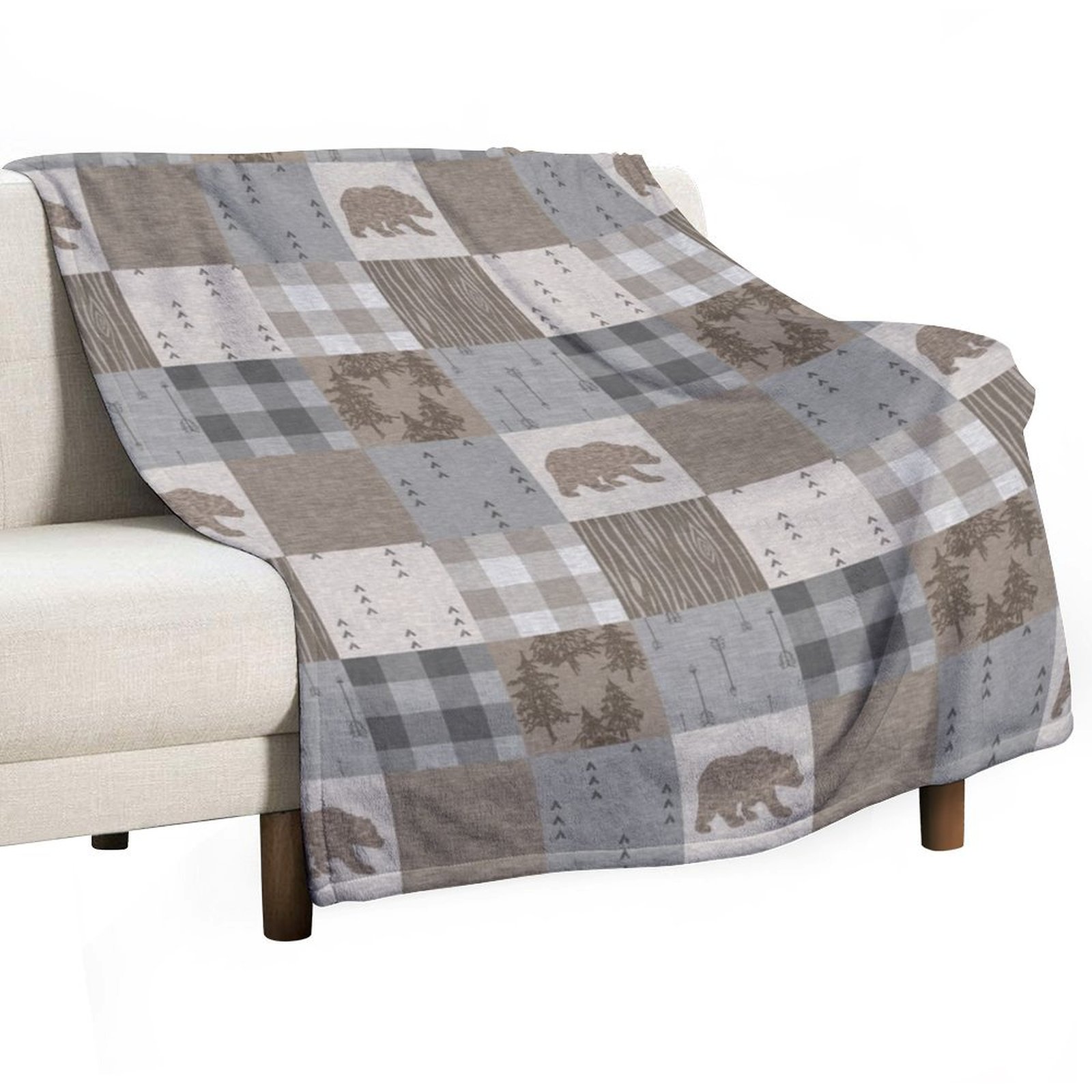 Neutral Throw Blanket - Bear Patchwork - Rustic Neutrals Throw