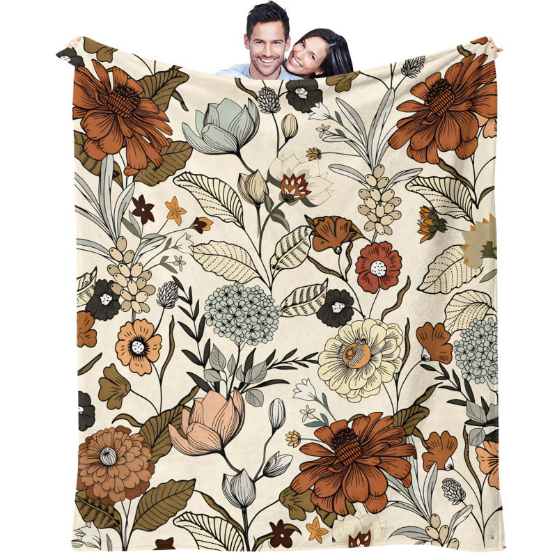 Neutral Throw Blanket - Boho Neutral Vintage Botanical Floral Print