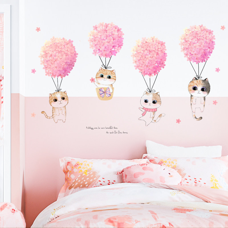 Home Decor Aesthetic Pinterest - Pink Flower Cute Cats Wall Stickers