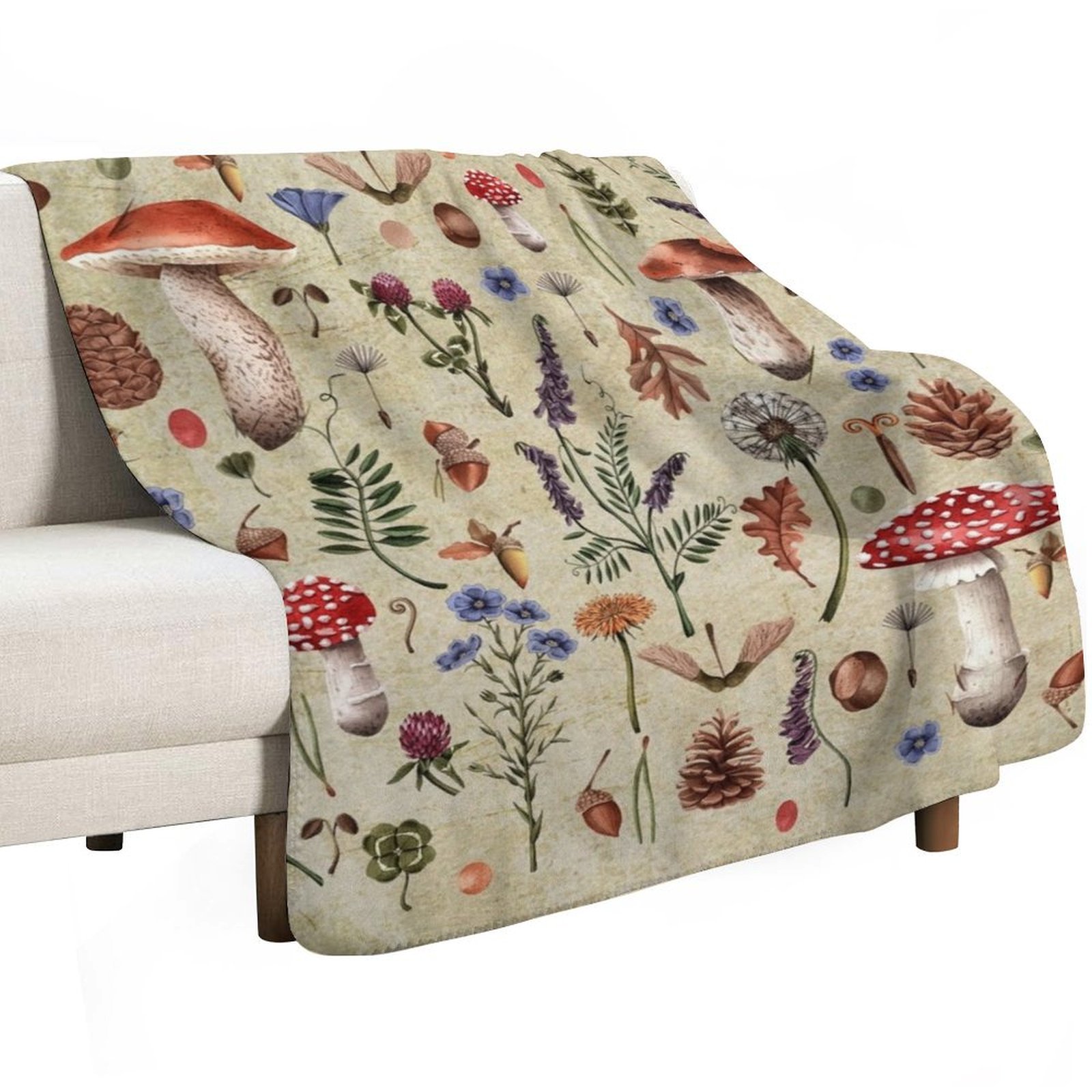 Retro botanical mushrooms, wil - Neutral Throw Blanket 리뷰 및 가격