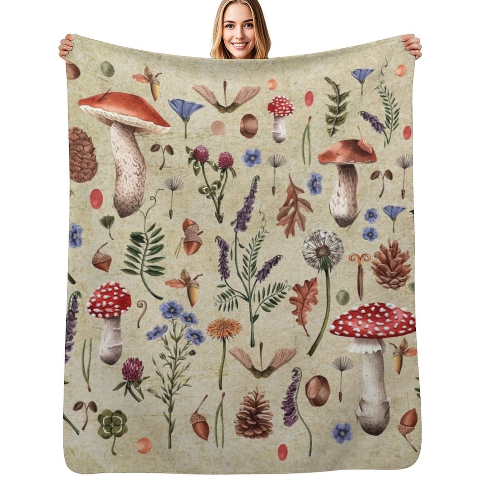 Retro botanical mushrooms, wil - Neutral Throw Blanket 리뷰 및 가격