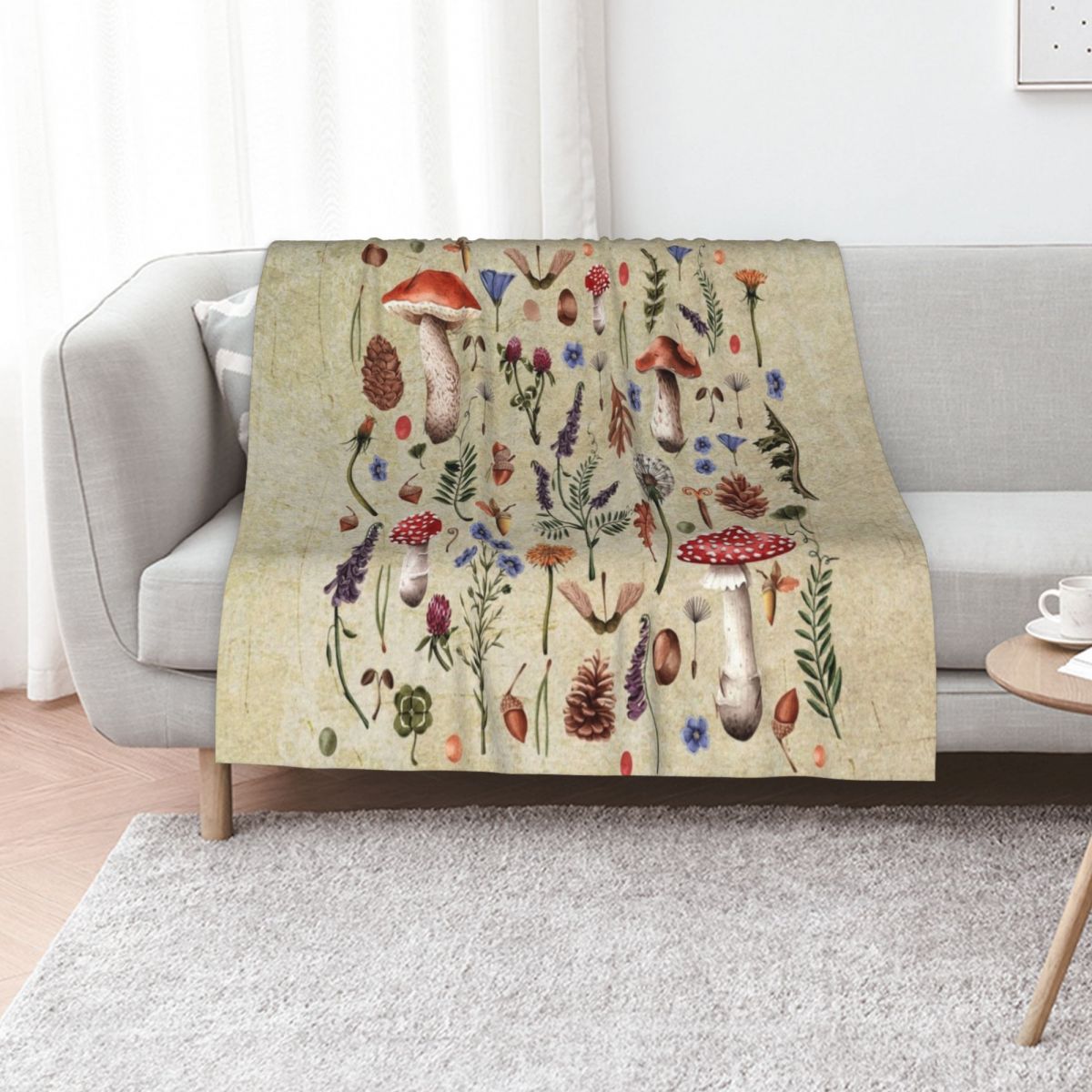 Retro botanical mushrooms, wil - Neutral Throw Blanket 리뷰 및 가격