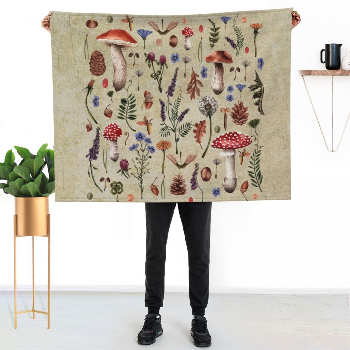 Retro botanical mushrooms, wil - Neutral Throw Blanket 리뷰 및 가격