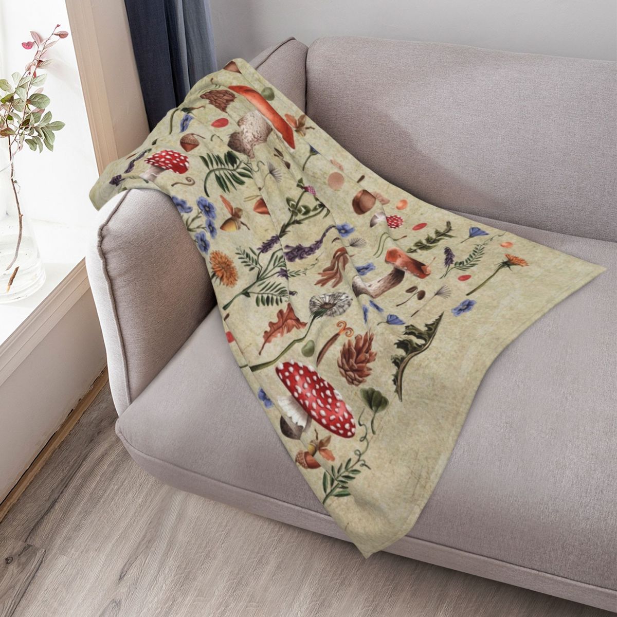 Retro botanical mushrooms, wil - Neutral Throw Blanket 리뷰 및 가격
