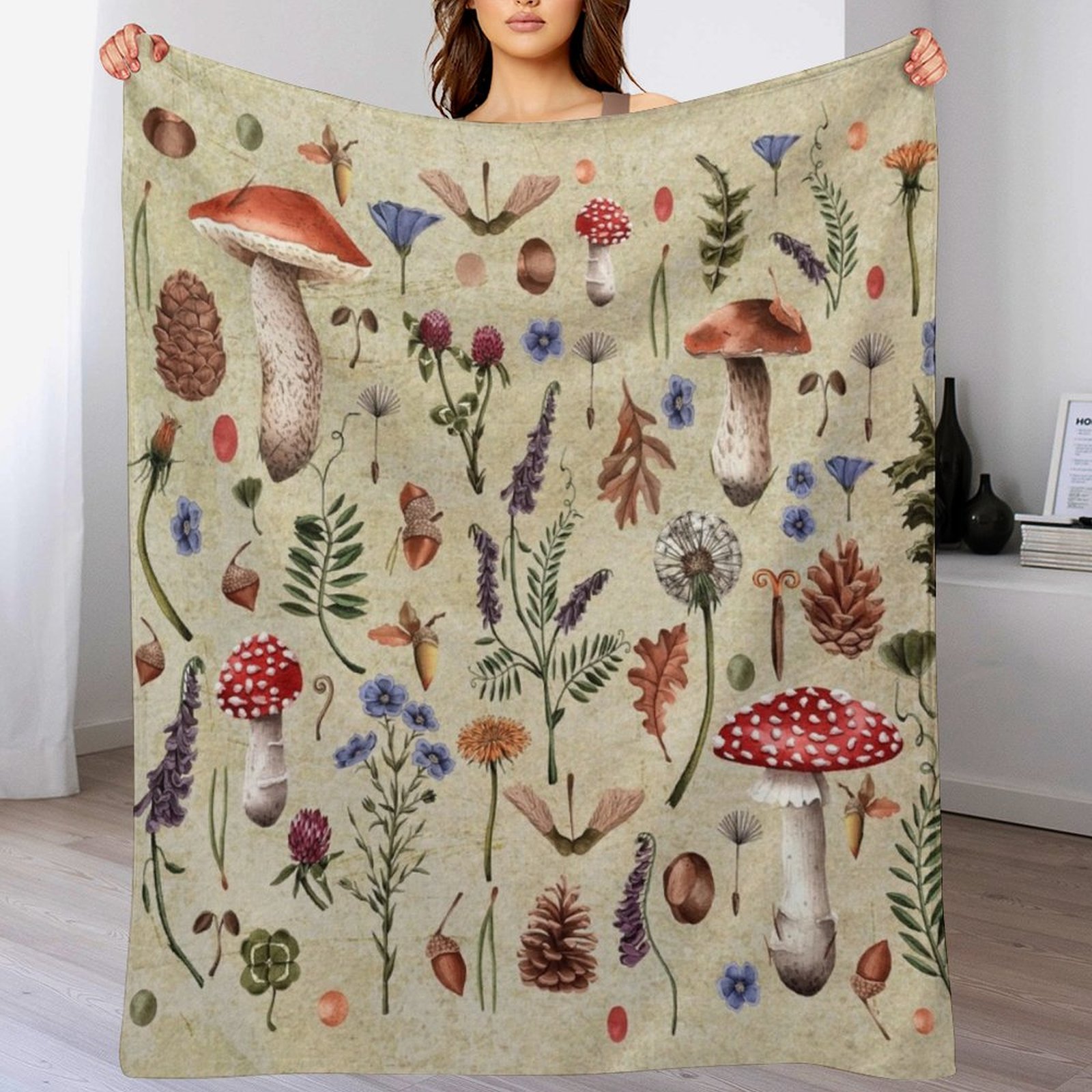 Retro botanical mushrooms, wil - Neutral Throw Blanket 리뷰 및 가격