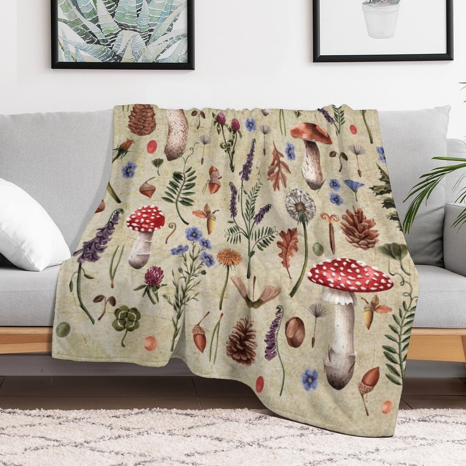 Retro botanical mushrooms, wil - Neutral Throw Blanket 리뷰 및 가격