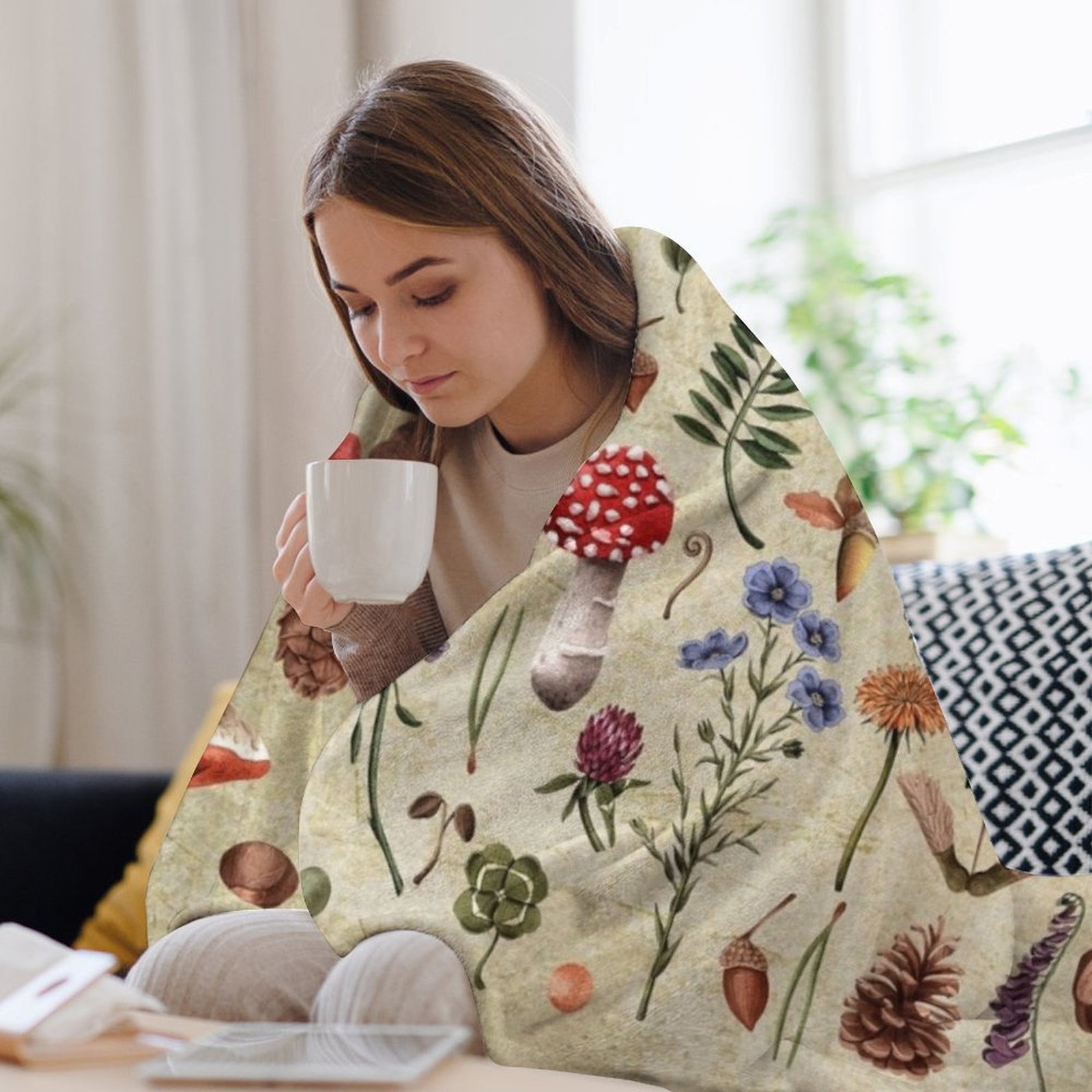 Retro botanical mushrooms, wil - Neutral Throw Blanket 리뷰 및 가격