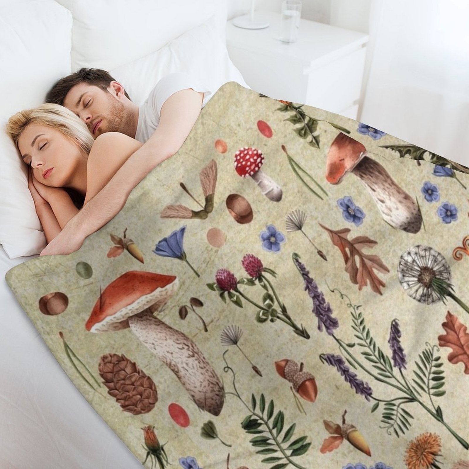Retro botanical mushrooms, wil - Neutral Throw Blanket 리뷰 및 가격
