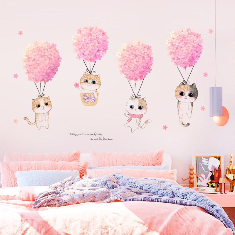 Pink Flower Cute Cats Wall Sti - Home Decor Aesthetic Pinterest 리뷰 및 가격