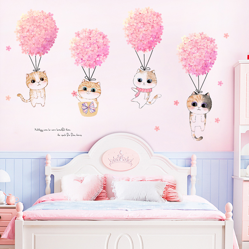 Pink Flower Cute Cats Wall Sti - Home Decor Aesthetic Pinterest 리뷰 및 가격