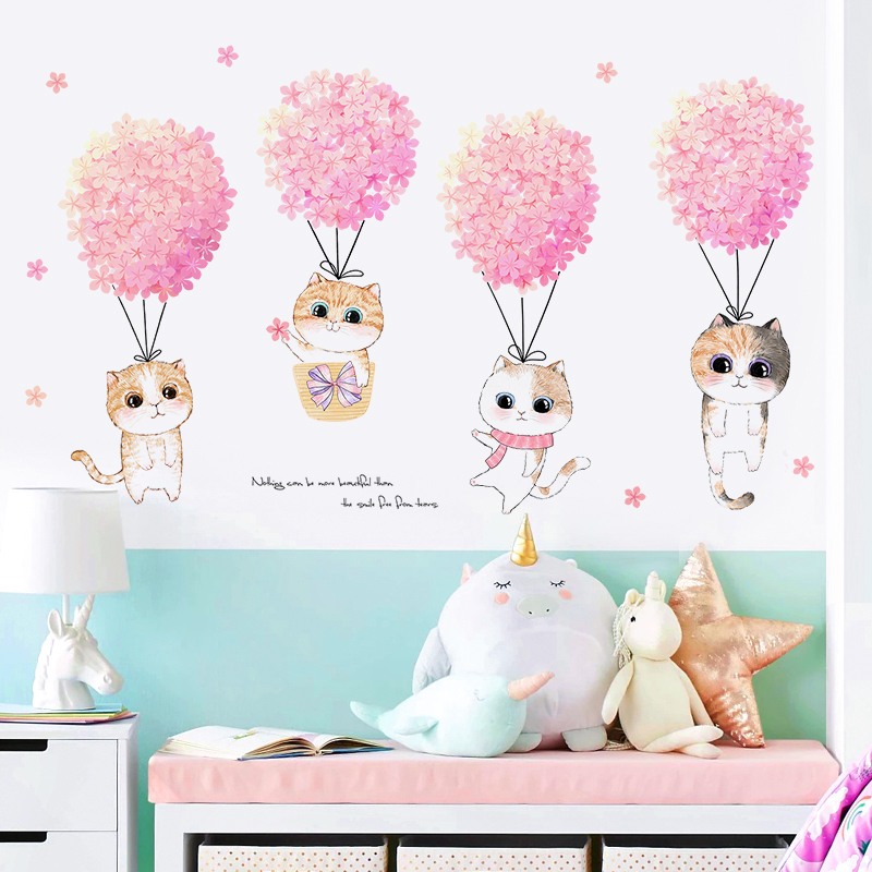 Pink Flower Cute Cats Wall Sti - Home Decor Aesthetic Pinterest 리뷰 및 가격