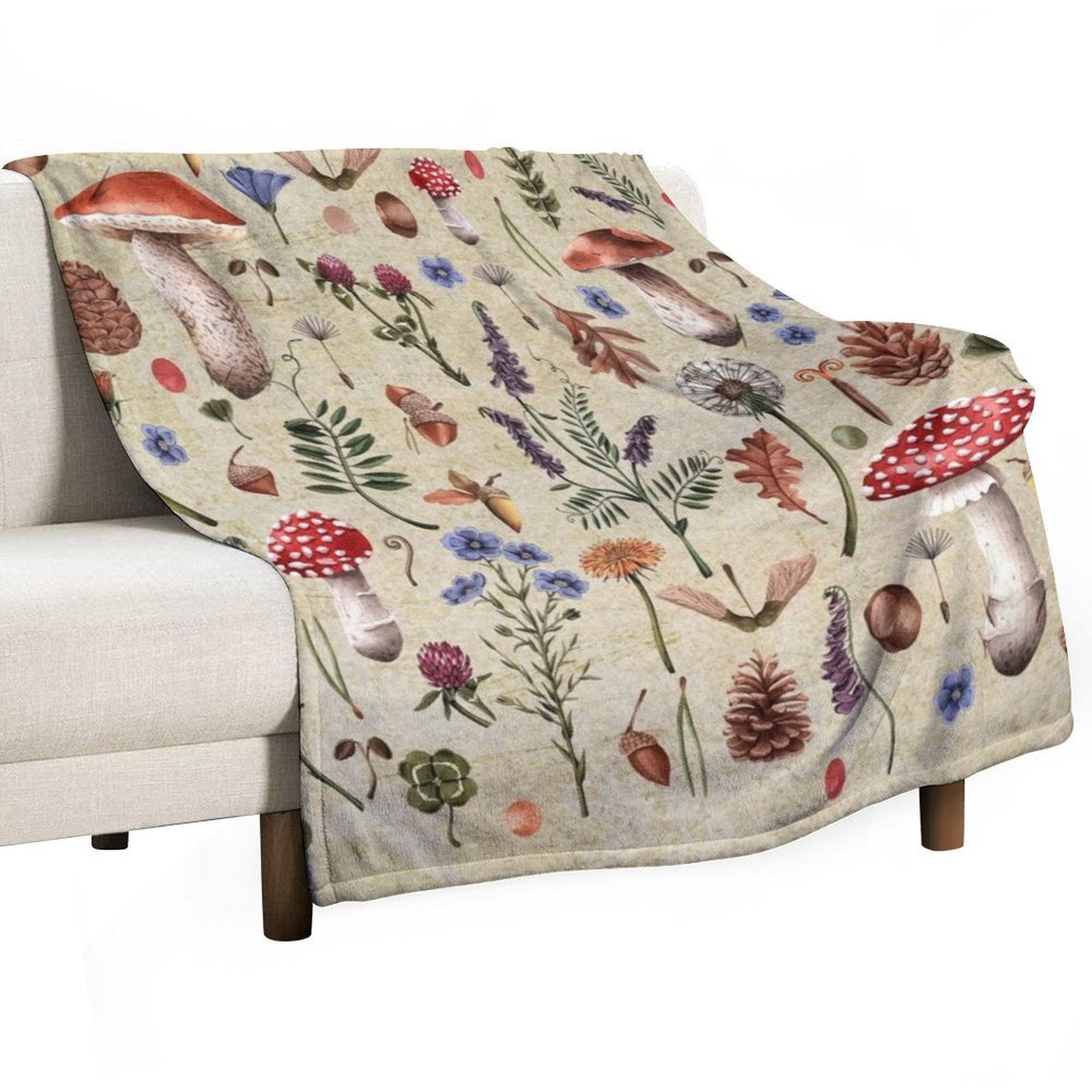 Retro botanical mushrooms, wil - Neutral Throw Blanket 리뷰 및 가격