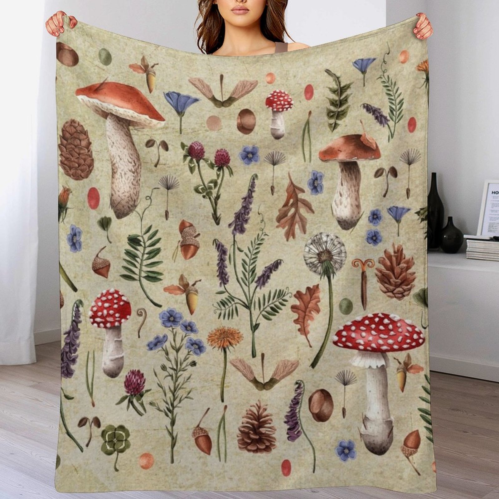 Retro botanical mushrooms, wil - Neutral Throw Blanket 리뷰 및 가격